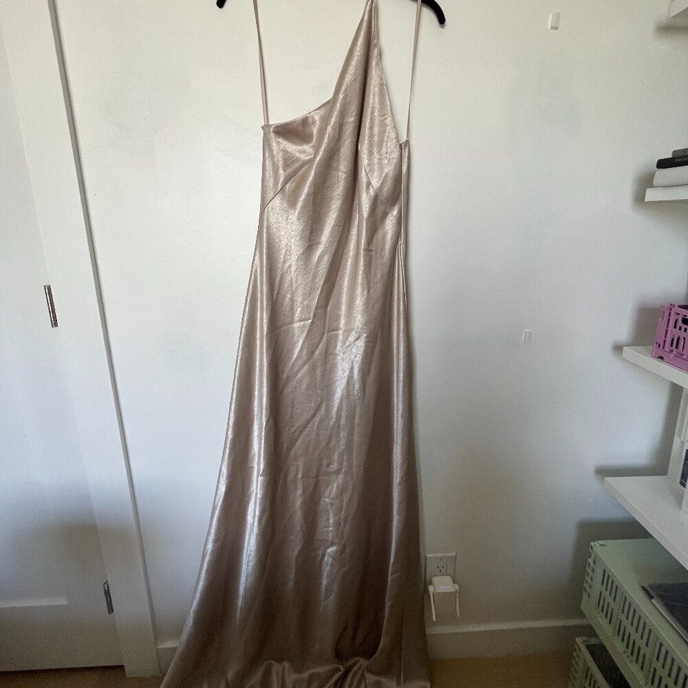 Galvan London Metallic Satin Asymmetric Strap Dress Platinum Size US 10/UK 14